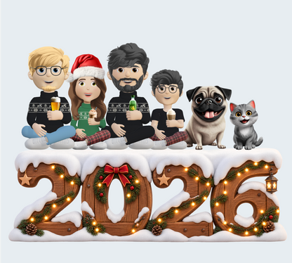 2026 Familie Ornament met Huisdier | Gepersonaliseerd Glazen Kerstornament