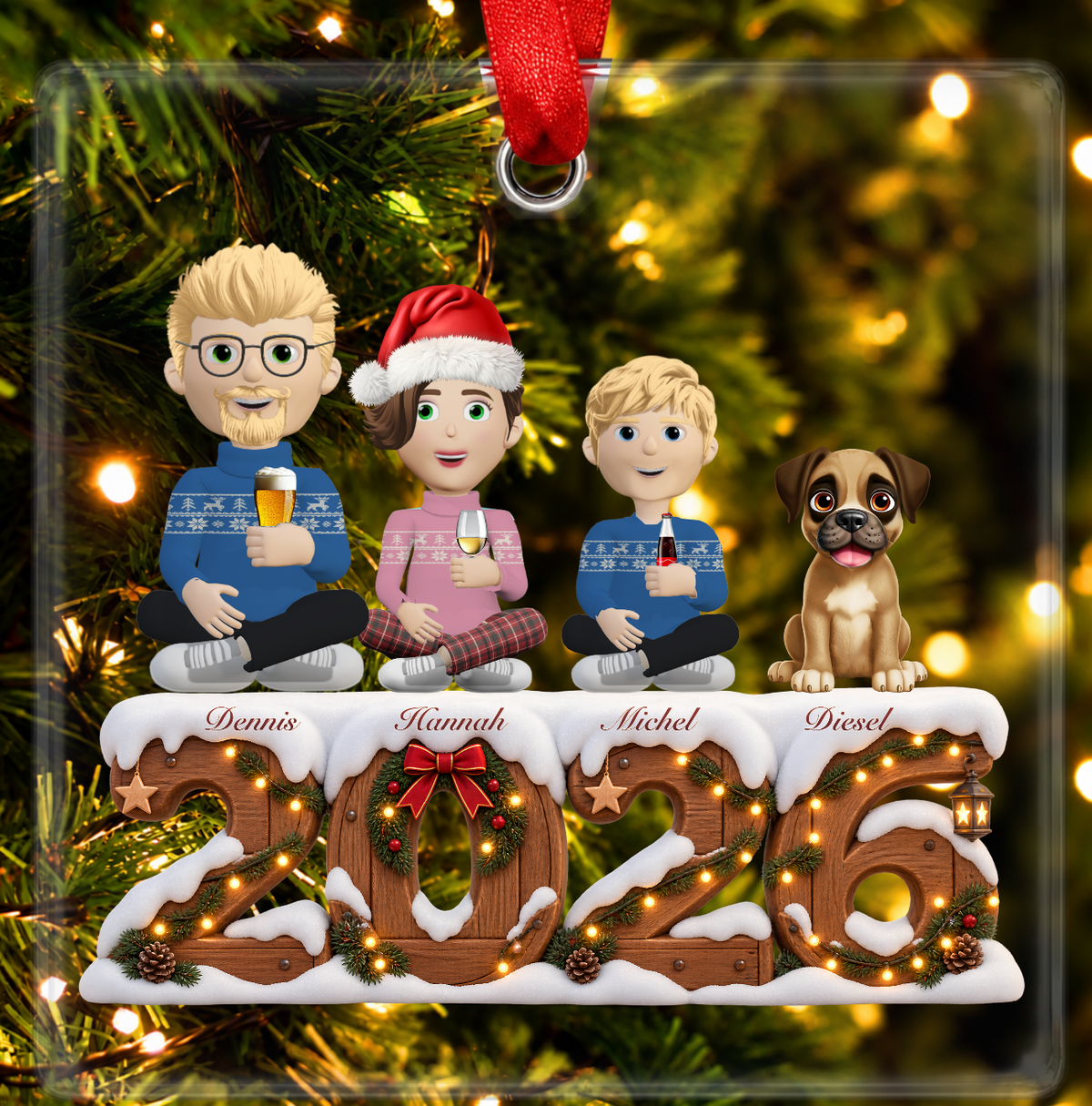2026 Familie Ornament met Huisdier | Gepersonaliseerd Glazen Kerstornament